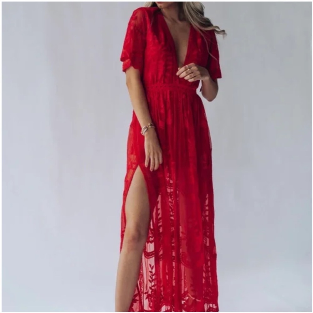 Semi sheer lace v neck maxi dress. - Picture 2 of 15